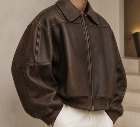 Custom Wholesale Men's Vintage Brown Leather Bomber Jacket